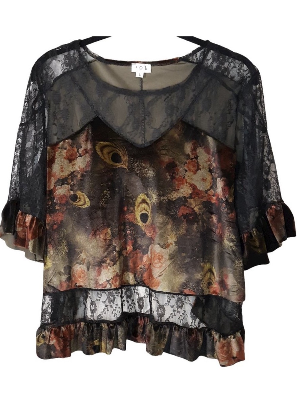 POL Velvet & Floral Lace Peacock Top